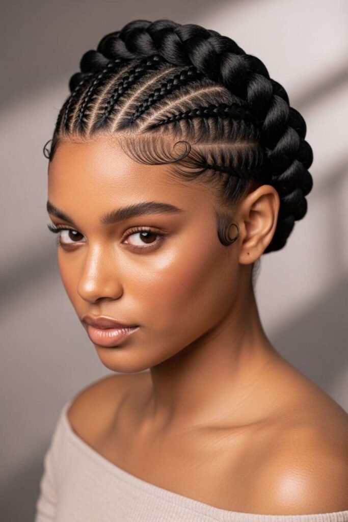 Passion Twists in a Braided Crown Style