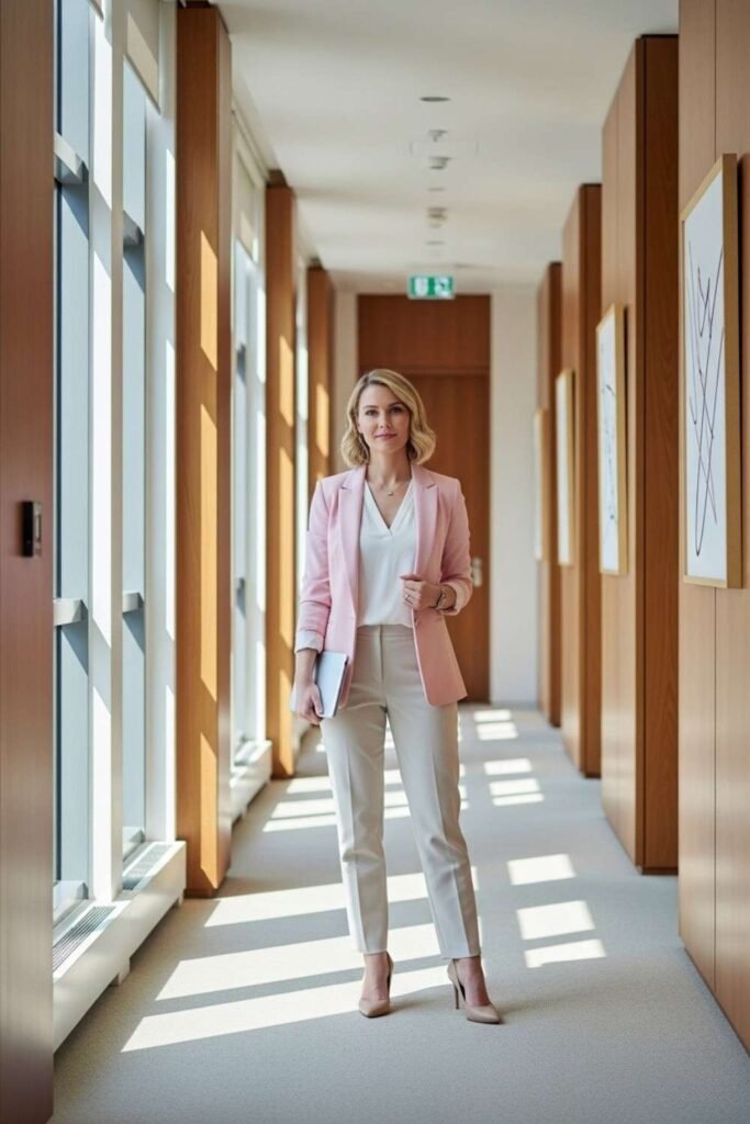 Pastel Blazer With Cream Trousers