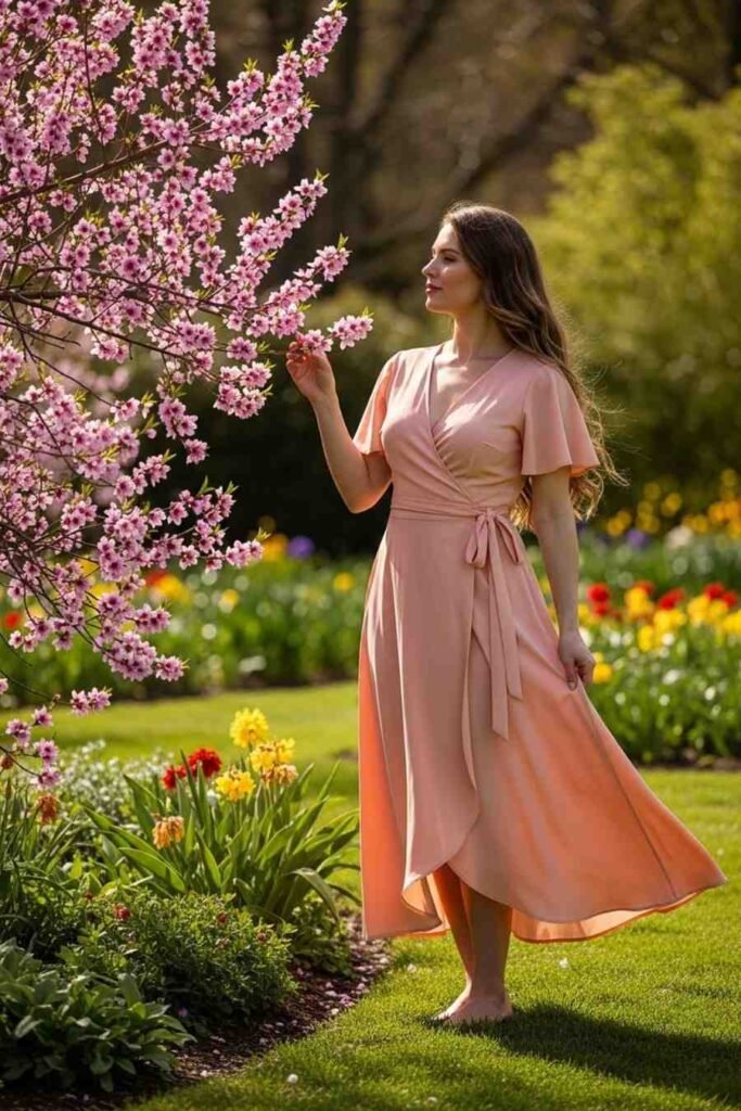 Peach Wrap Spring Garden Dress