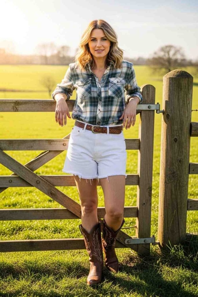 Plaid Shirt with White Denim Shorts