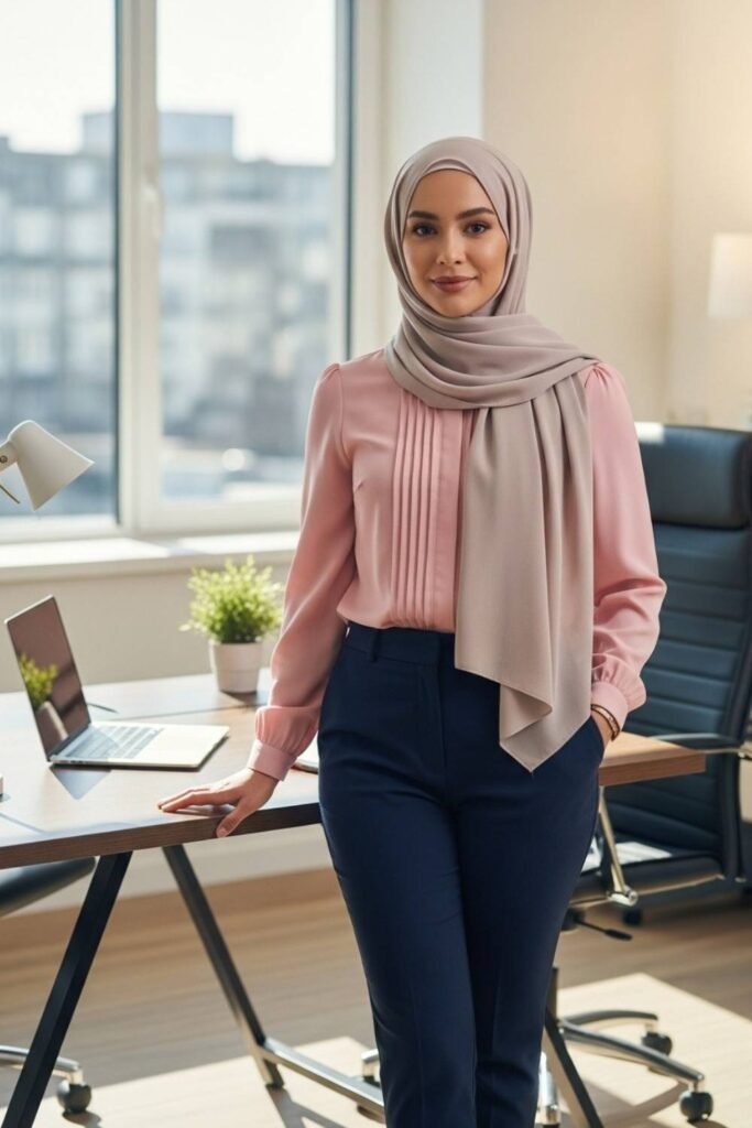 Powder Pink Blouse With Navy Work Pants