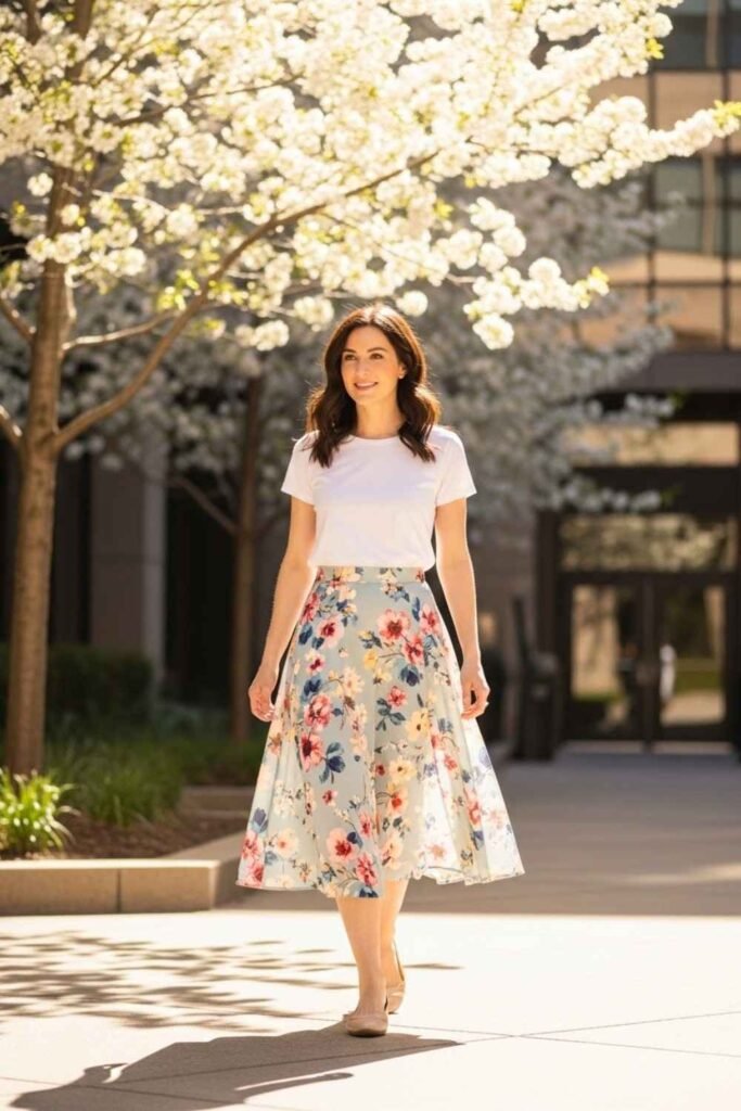 Printed Midi Skirt With Simple Tee
