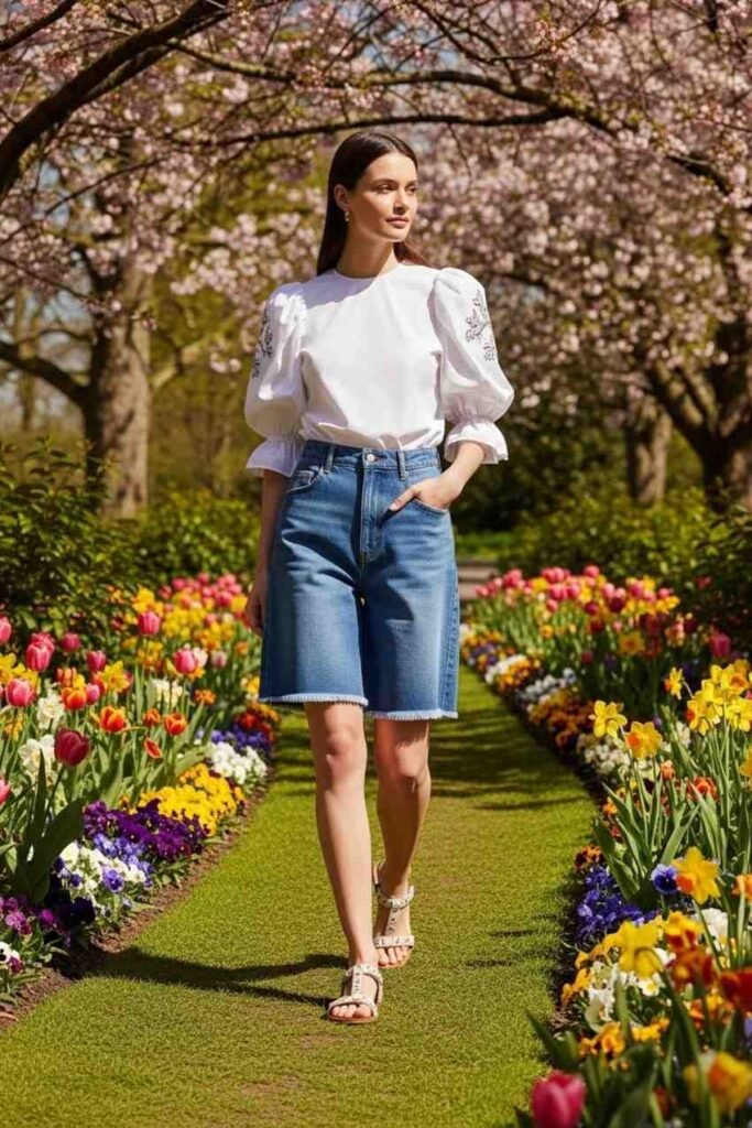 Puff Sleeve Top + Denim Shorts