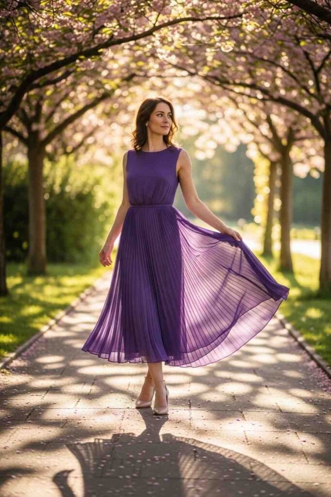 Purple Pleated Midi Dress