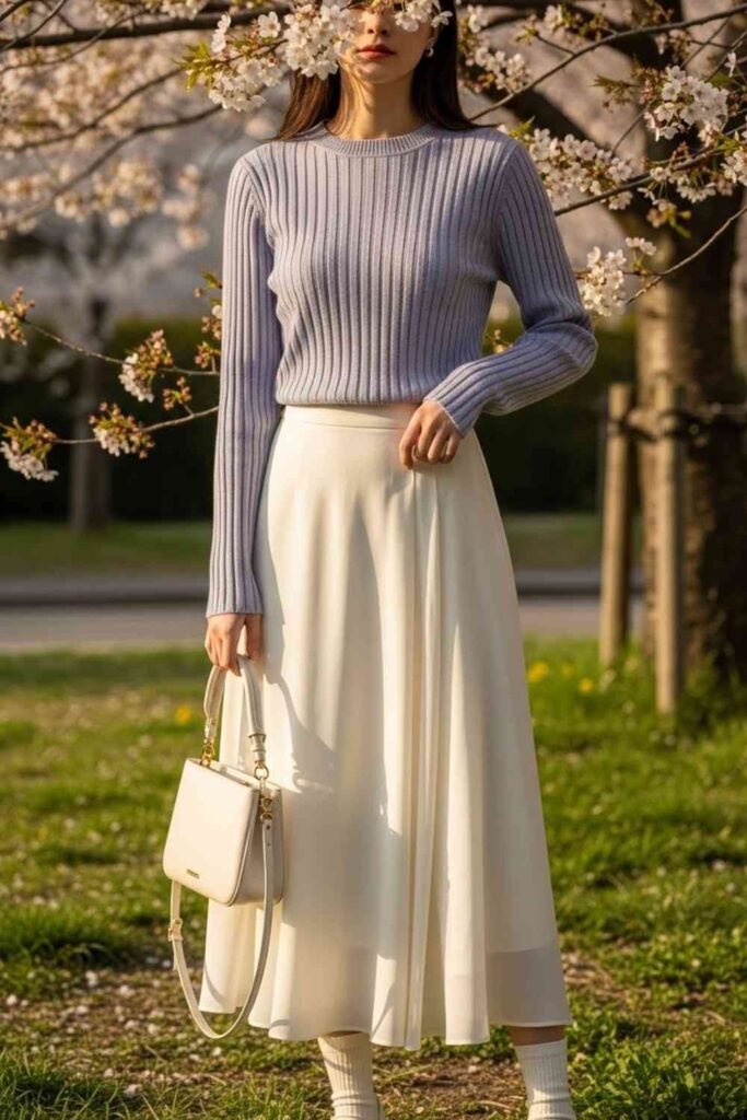 Ribbed Top + Flowy Midi Skirt