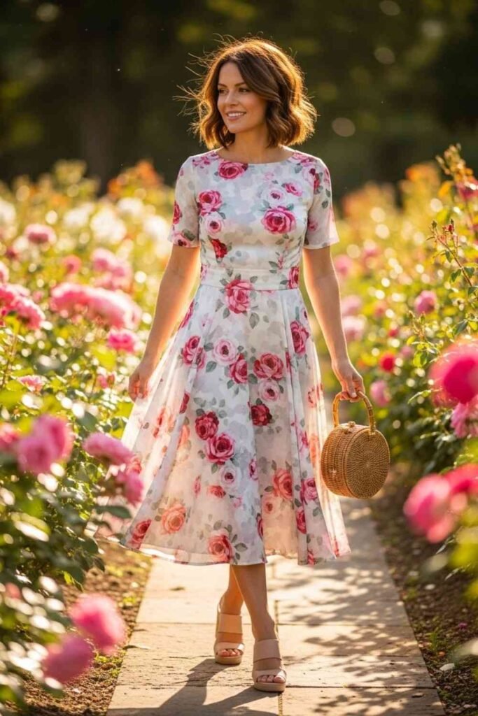  Rose Print A-Line Garden Party Dress