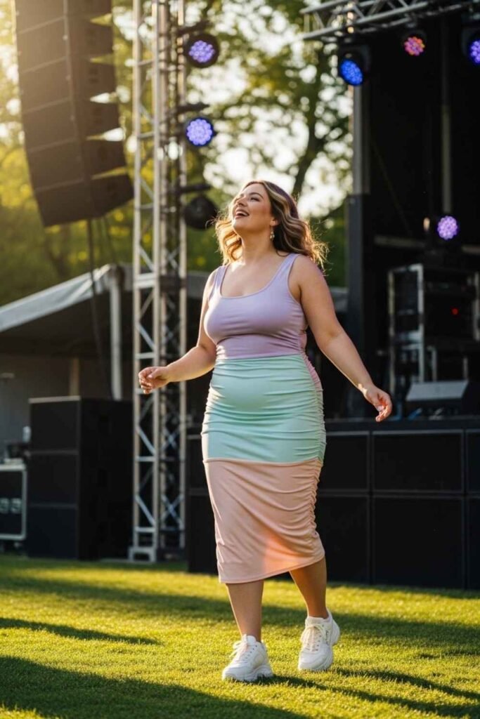 Ruched Midi Dress with Chunky Sneakers