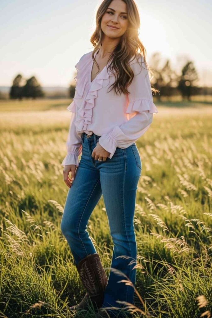 Ruffled Blouse with Bootcut Jeans