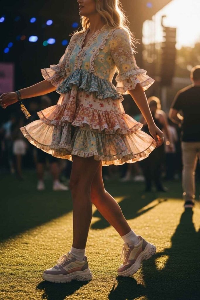 Ruffled Mini Dress with Chunky Sneakers