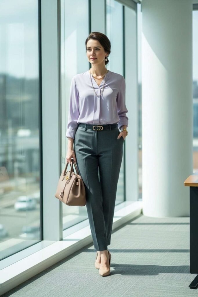 Sage Green Blouse With Beige Trousers
