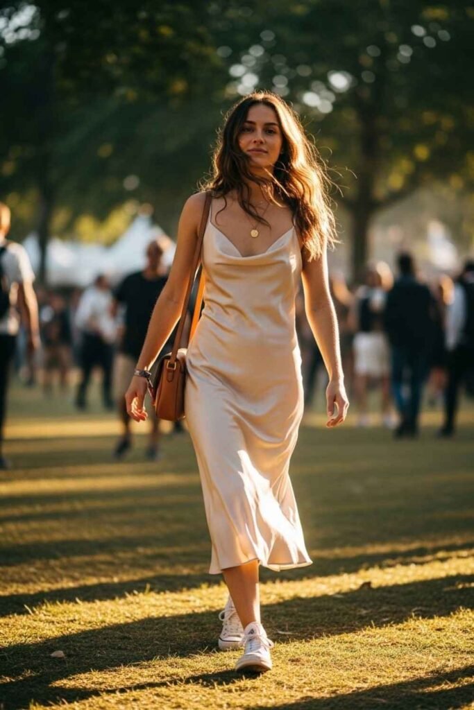 Satin Slip Dress with Sneakers