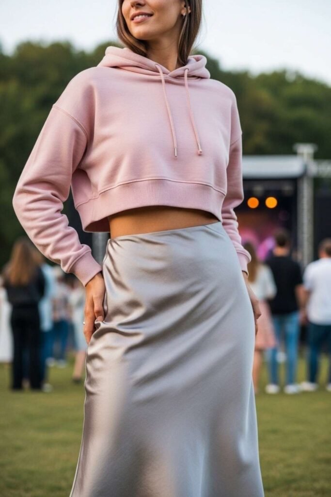 Satin Slip Skirt with Cropped Hoodie