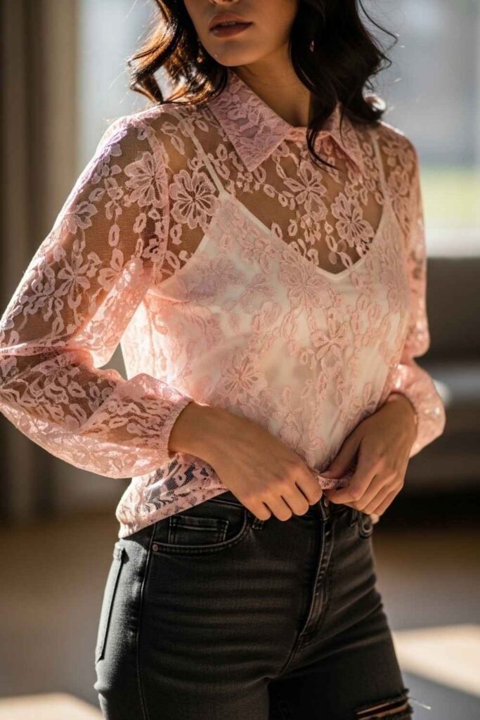 Sheer Blouse with Camisole and Jeans