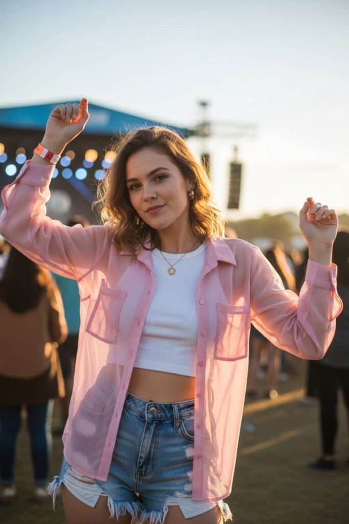Sheer Button Shirt Over Crop Top and Shorts