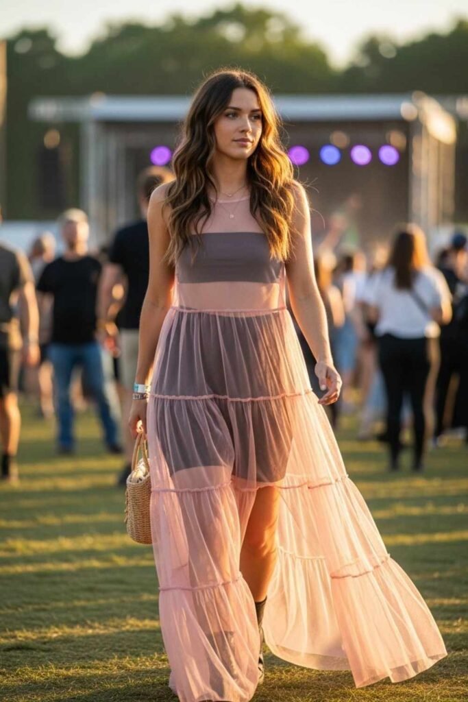 Sheer Layered Maxi Dress with Biker Shorts