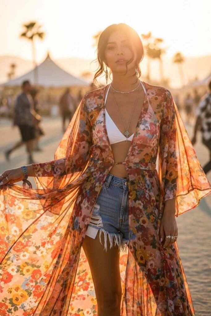 Sheer Layers with Denim Shorts