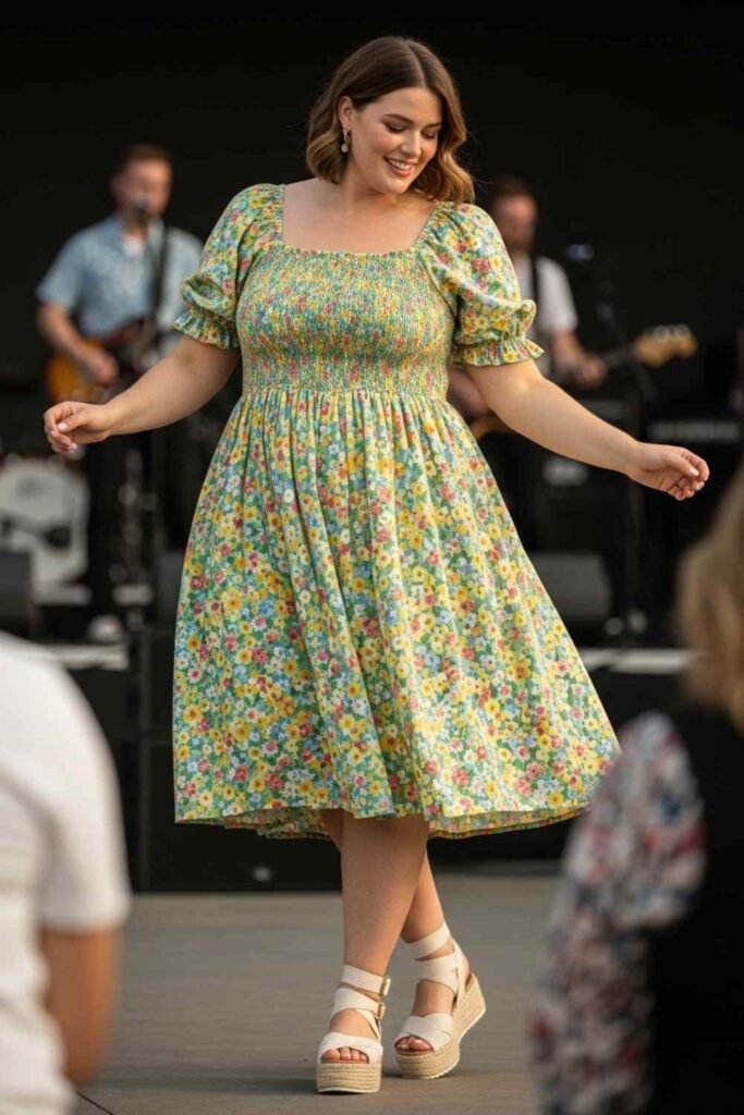 Smocked Dress with Platform Sandals