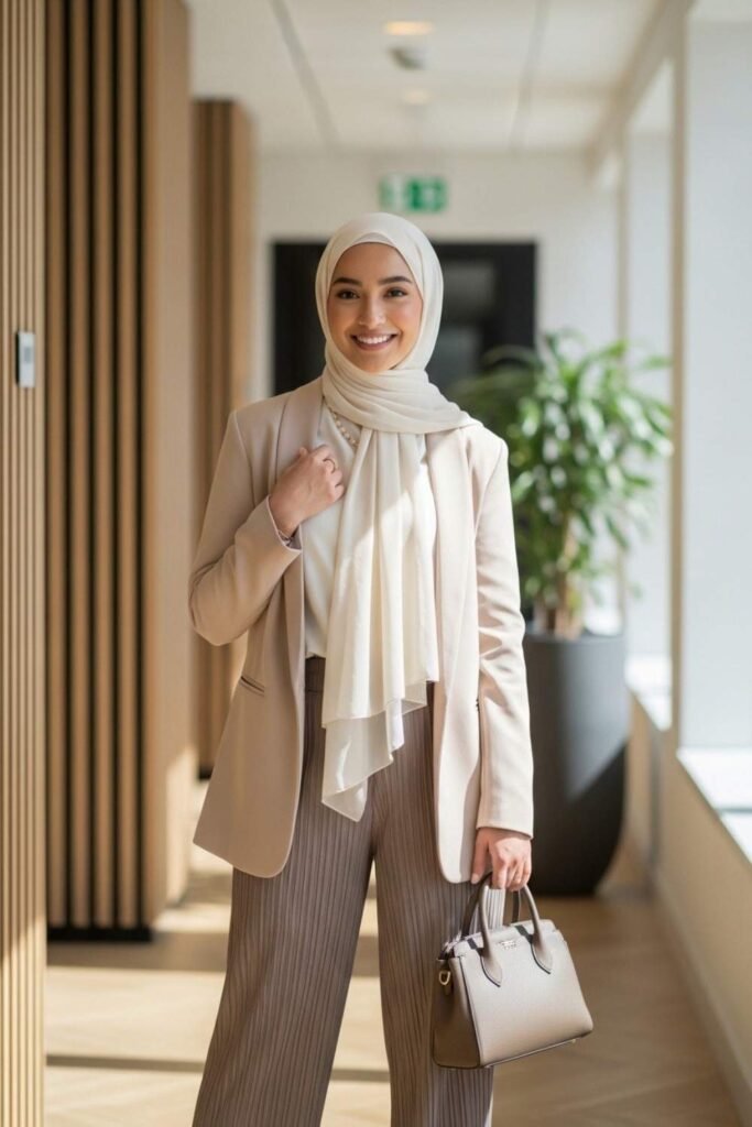 Soft Beige Blazer With Pleated Trousers