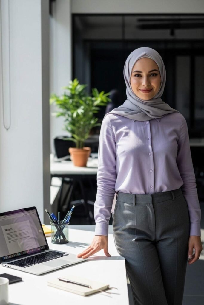 Soft Lavender Shirt With Grey Work Pants