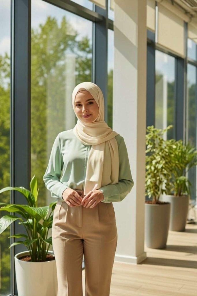 Soft Mint Blouse With Beige Tailored Pants