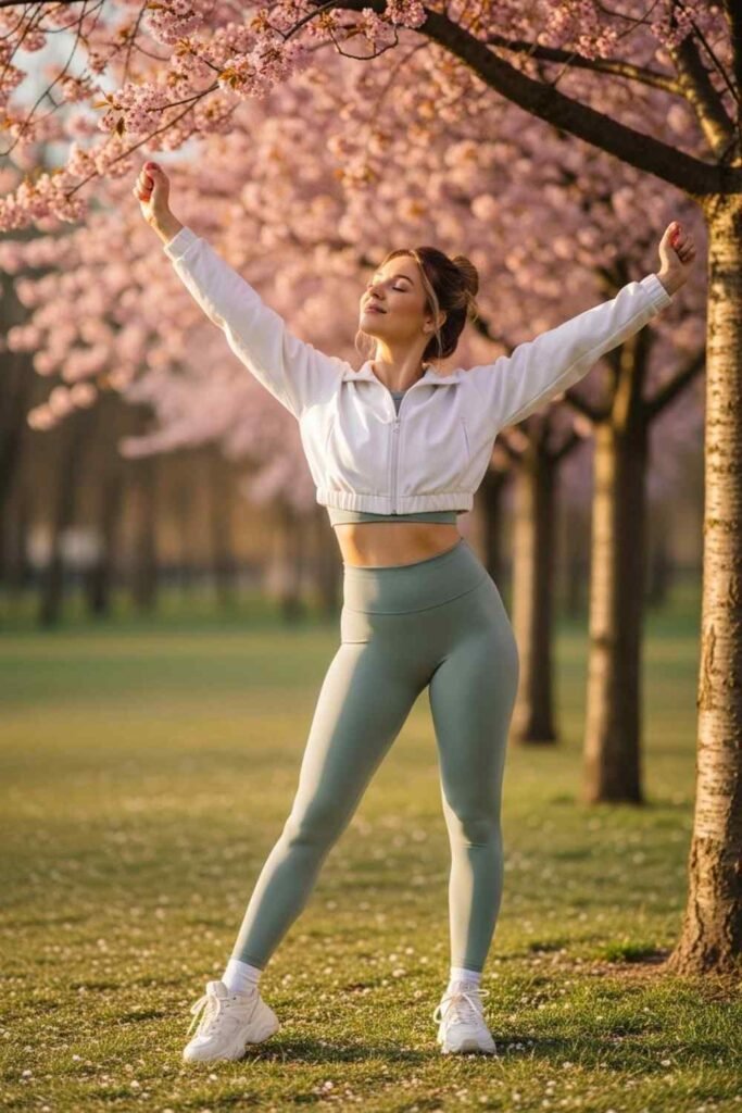 Soft Sage Leggings with Cropped Athletic Jacket