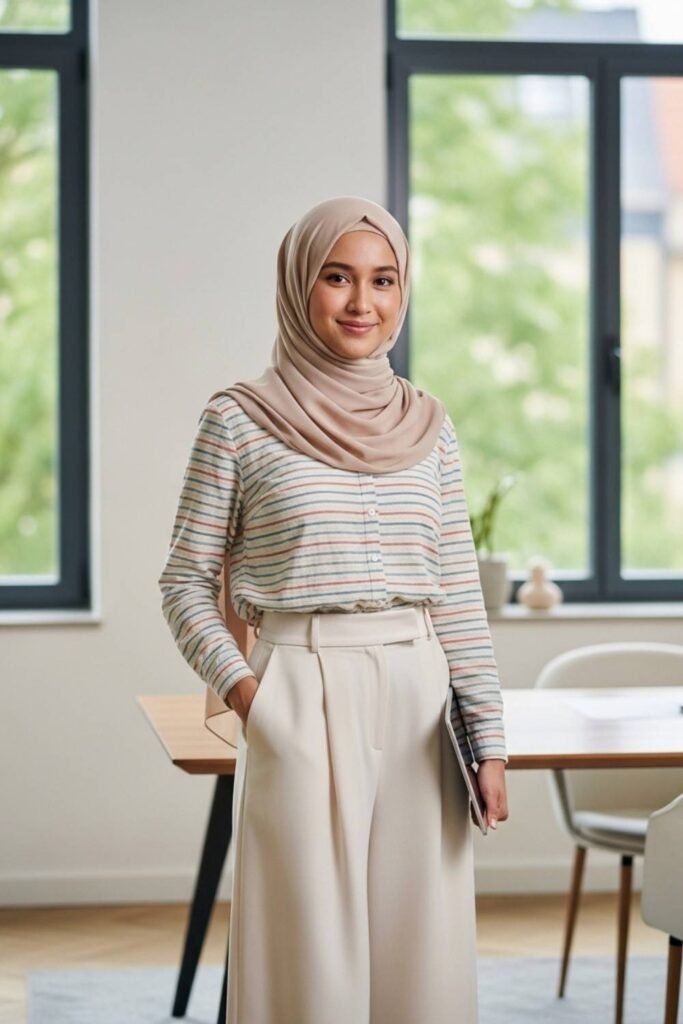 Soft Striped Shirt With Cream Palazzo Pants