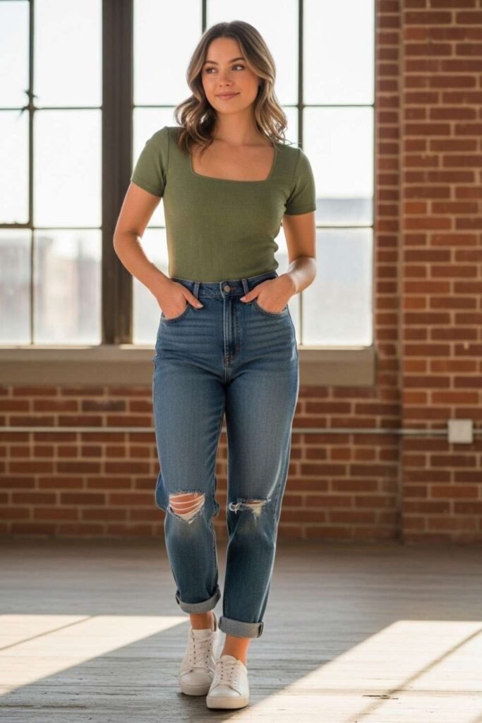Square Neck Top with Mom Jeans