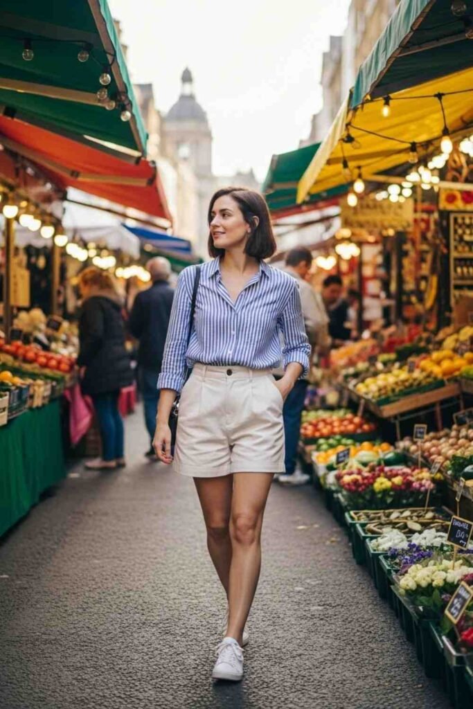 Striped Shirt with High-Waisted Shorts