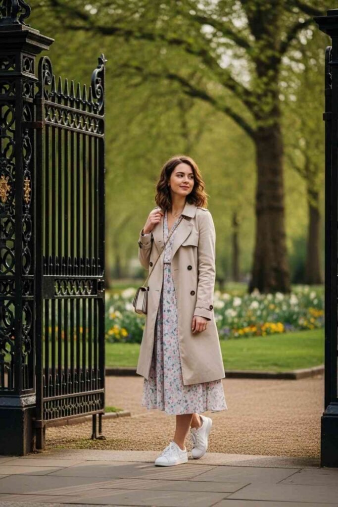  Trench Coat with Floral Midi Dress