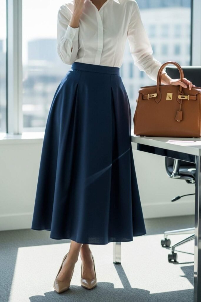 White Shirt With Navy Midi Skirt