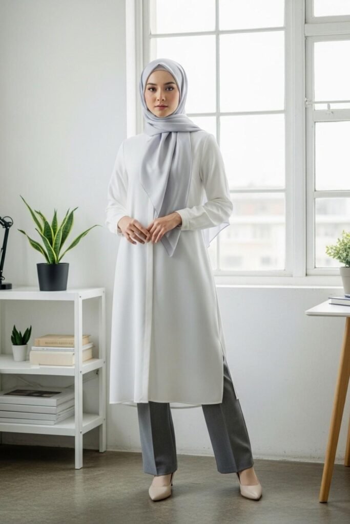 White Tunic Shirt With Straight Grey Trousers